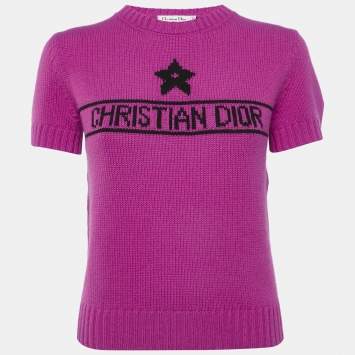 Pre Owned Christian Dior Pink Logo Intarsia Cashmere Short Sleeve Sweater S