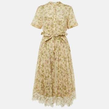 Pre Owned Dior Beige Floral Print Cotton Lace Trim Midi Dress M