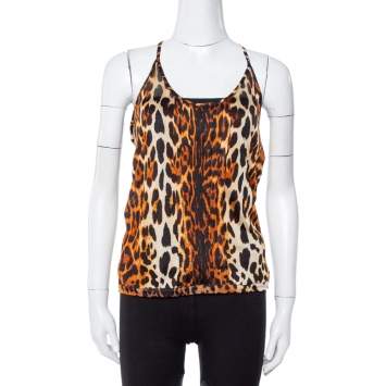 مملوكة مسبقًا Dior Brown Leopard Print Knit Pleat Front Tank Top L