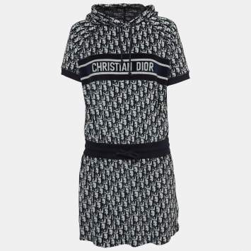 Pre Owned Christian Dior Navy Blue Oblique Terry Cotton Hooded Mini Dress L
