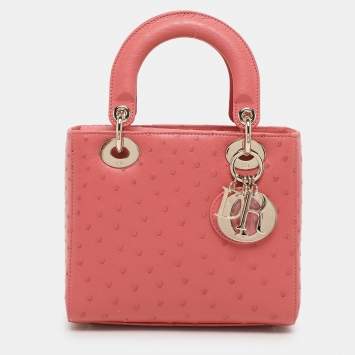 Dior Pink Ostrich Leather Small Lady Dior Tote