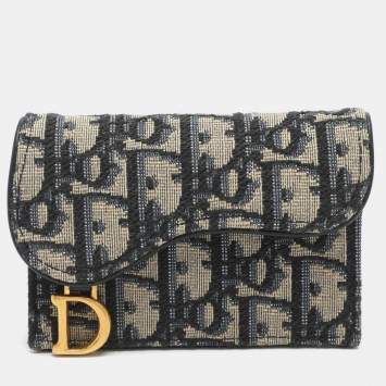 Pre Owned Dior Saddle Navy Blue Oblique Canvas and Leather Card Case
