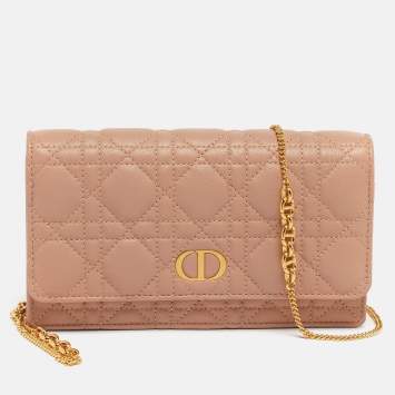 Pre Owned Dior Caro Powder Pink Cannage Leather Pouch With Chain