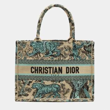 Pre Owned Dior Book Medium Green/Beige Aquamarina Embroidered Raffia Tote