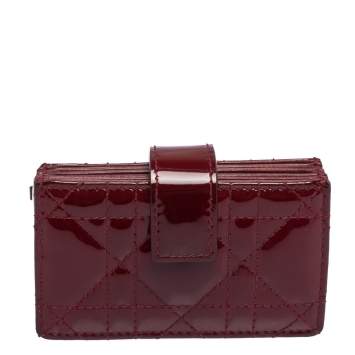 Pre Owned Dior Wine Red Cannage Patent Leather Gusset Card Holder
