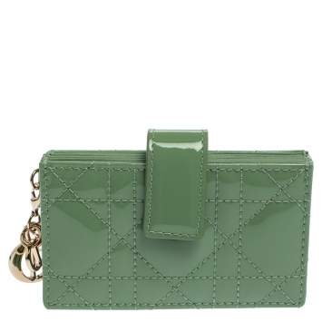 Pre Owned Dior Green Cannage Patent Leather Lady Dior Gusset Card Case
