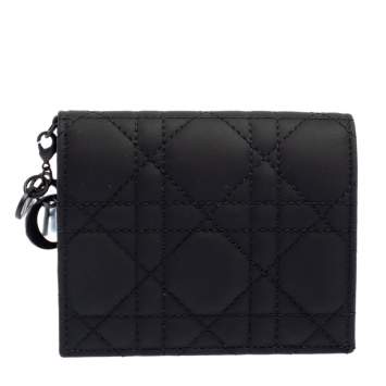 Pre Owned Dior Black Ultramatte Cannage Leather Lady Dior Flap Card Holder
