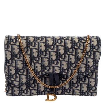 مملوكة مسبقًا Dior Beige/Blue Oblique Canvas Saddle Wallet On Chain