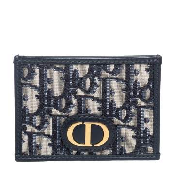 Pre Owned Dior Navy Blue Oblique Canvas and Leather Card Holder