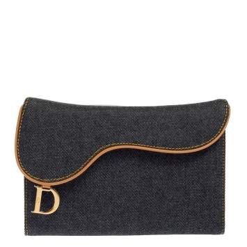 Pre Owned Dior Navy Blue Denim Saddle Trifold Continental Wallet
