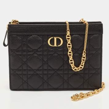 Pre Owned Dior Black Cannage Leather Caro Zipped Chain Pouch