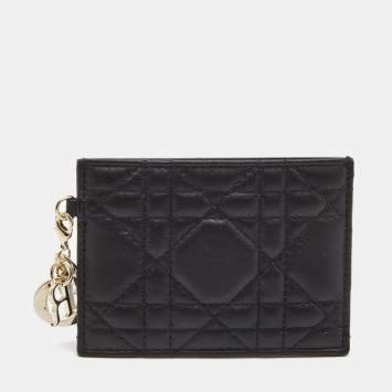 Pre Owned Dior Black Cannage Leather Lady Dior Card Holder
