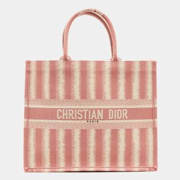 Pre Owned Dior Pink/White Embroidered Canvas D-Stripe Book Tote