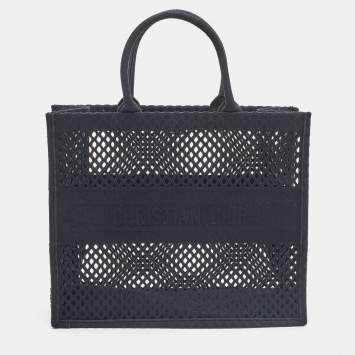 Pre Owned Dior Black Mesh Embroidered Canvas Large Book Tote
