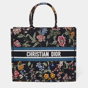 Pre Owned Dior Black/Multicolor Petites Fleur Embroidered Canvas Large Book Tote