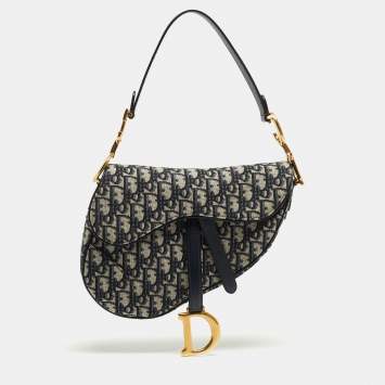 Pre Owned Dior Blue Oblique Canvas and Leather Saddle Bag