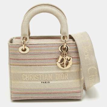 Pre Owned Dior Multicolor Stripe Embroidered Canvas Medium Lady D-Lite Tote