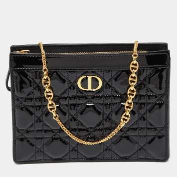 Pre Owned Dior Black Cannage Patent Leather Caro Zipped Chain Pouch