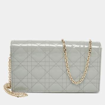 Pre Owned Dior Grey Cannage Patent Leather Lady Dior Chain Pouch