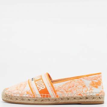 Pre Owned Dior Neon Orange/White Embroidered Canvas Granville Espadrille Flats Size 38.5