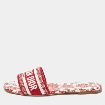 Pre Owned Dior Red/White Embroidered Canvas Dway Flat Slides Size 39.5
