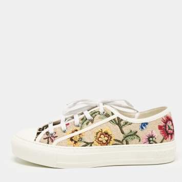 Pre Owned Dior Beige Canvas and Raffia Flower Embroidered Walk'n'Dior  Sneakers Size 37