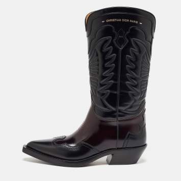 Pre Owned Dior Black/Brown Leather Embroidered Knee Length Boots Size 39.5