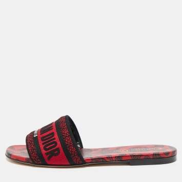 Pre Owned Dior Red/Black Embroidered Canvas Dway Slide Flats Size 36