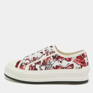 Dior Red/White Floral Embroidered Canvas Walk'n'Dior Sneakers Size 40