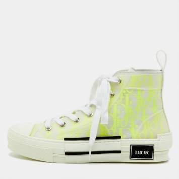 Pre Owned Dior White/Neon Yellow Oblique Mesh and Rubber B23 High Top Sneakers Size 36.5