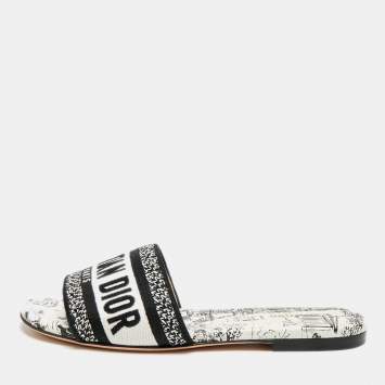 Pre Owned Dior Dway Size 34 Black/White Embroidered Canvas Slide Sandals