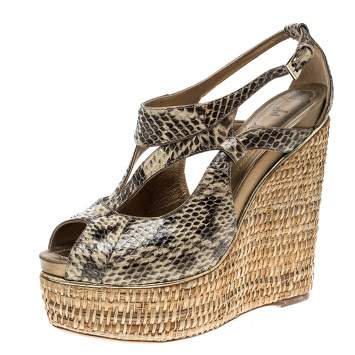 Pre Owned Dior Beige Python Leather Eden Peep Toe Ankle Strap Straw Wedge Sandals Size 38