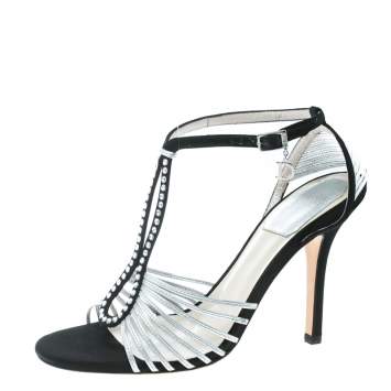 Pre Owned Dior Grey/Black Leather and Satin Crystal Embellished Strappy Sandals Size 36
