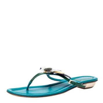 Pre Owned Dior Green Patent Leather Flower Applique Flat Sandals Size 41