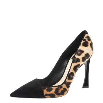 Pre Owned Dior Black/Brown Leopard Print Calfhair and Suede Songe Pointed Toe Pumps Size 38.5