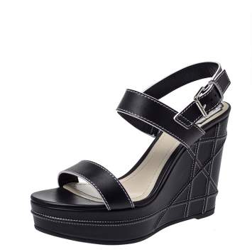 Pre Owned Dior Black Leather Wedge Platform Ankle Strap Sandals Size 41