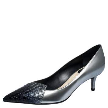 Pre Owned  Dior Metallic Silver/Blue Leather Cannage Cap Spade Pumps Size 36.5