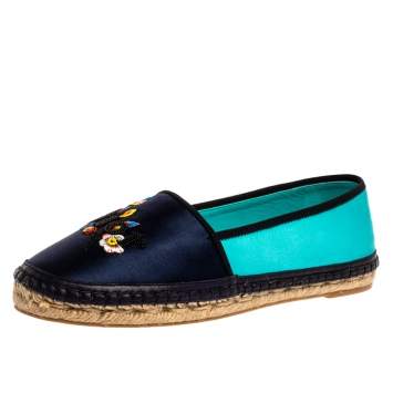 Pre Owned Dior Two Tone Satin Embroidered Slip On Espadrille Flats Size 38