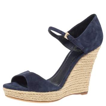 Pre Owned Dior Blue Suede Espadrille Platform Wedge Open Toe Ankle Strap Sandals  Size 39