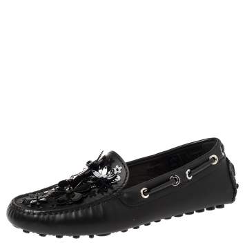 Pre Owned Dior Black Leather Drive Me Floral Embellished Loafers Size 35