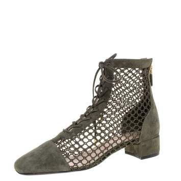Pre Owned Dior Khaki Green Suede and Resille Fabric Naughtily-D Ankle Boots Size 37