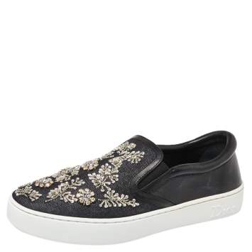 Pre Owned Dior Indigo Crystal Embellished Dark Wash Denim And Leather Happy Slip On Sneakers Size 38.5