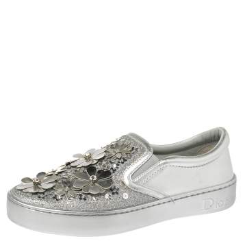 Pre Owned Dior Silver Leather and Glitter Dior Happy Floral Slip On Sneakers Size 36