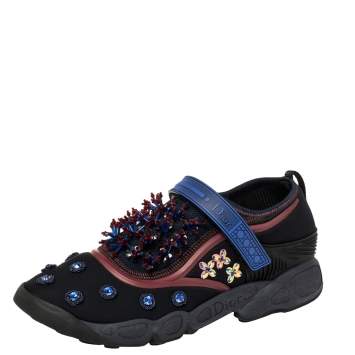 Pre Owned Dior Black/Blue Stretch Fabric Fusion Embellished Low Top Sneakers Size 41