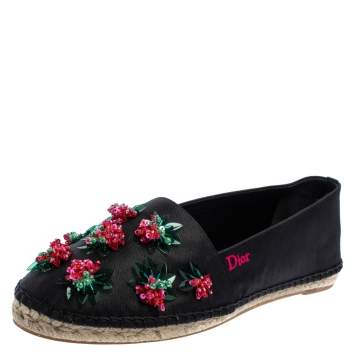 Pre Owned Dior Black Canvas Embellished Espadrille Flats Size 40.5