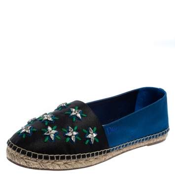 Pre Owned Dior Black/Blue Canvas Embellished Riviera Flat Espadrilles Size 40