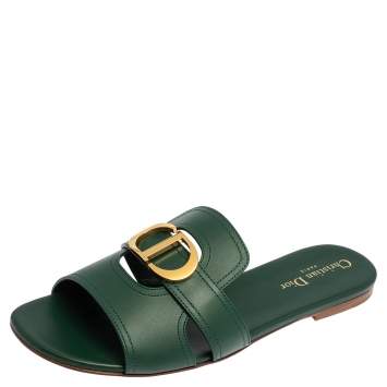 Pre Owned Dior Green Leather 30 Montaigne Flat Sandals Size 40
