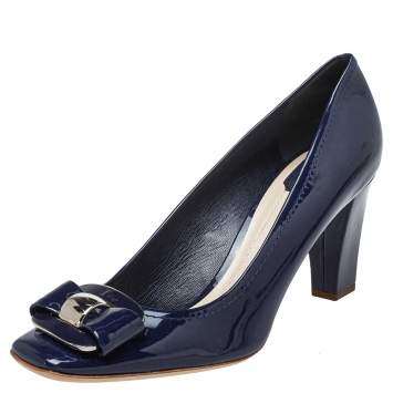Pre Owned Dior Navy Blue Patent Leather Buckle Pumps Size 42