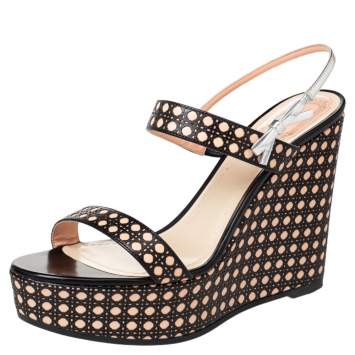 Pre Owned Dior Tricolor Cannage Leather Wedge Platform Open Toe Sandals Size 40
