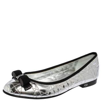 Pre Owned Dior Silver Cannage Leather Bow Ballet Flats Size 38